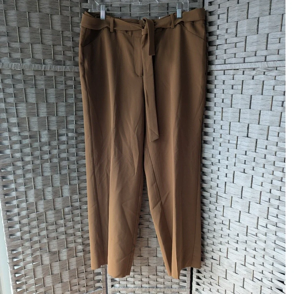 Chico's Drapey Wide Leg Camel Brown Tie Waist Trousers XL *Unfinished Hem